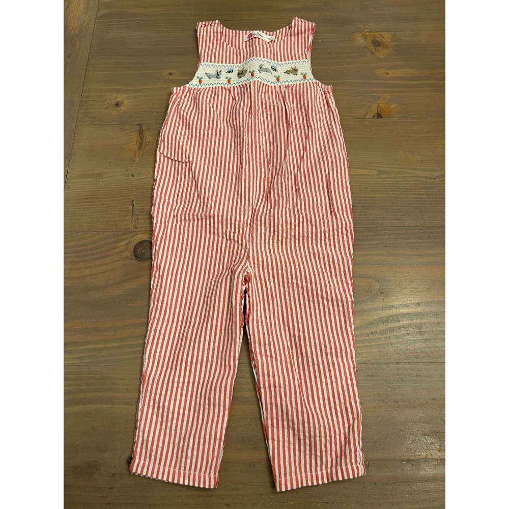 Kk12 Baby Boden Red White Stripe Seersucker‎ Smocked Bunny Overalls 18-24M 92cm
